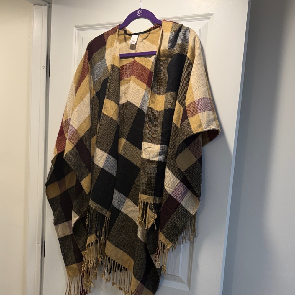 Plaid Hooded Fringe Poncho in Mustard, Black & Burgundy